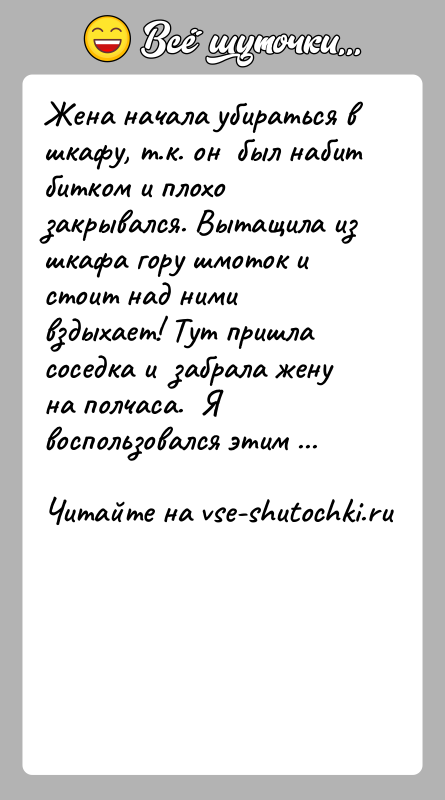 История: Жена начала убираться в шкафу, т.к. он был набит битком и плохо закрывался. Вытащила из шкафа гору шмоток и