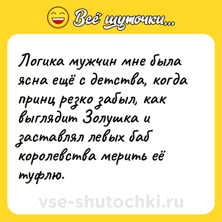 Шутка: Логика мужчин мне была ясна ещё с детства, когда принц резко забыл, как выглядит Золушка и заставлял левых баб королевства мерить её туфлю.