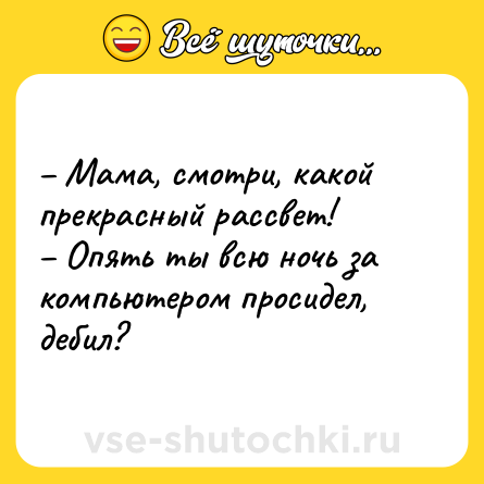 Шутка: – Мама, смотри, какой прекрасный рассвет! <br>– Опять ты всю ночь за компьютером просидел, дебил?