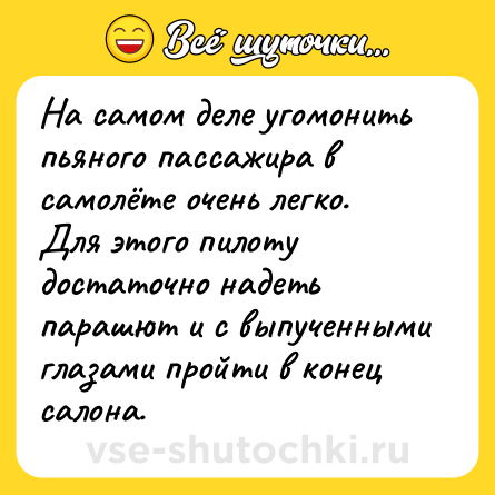 Шутка: На самом деле угомонить пьяного пассажира в самолёте очень легко. Для этого пилоту достаточно надеть парашют и с выпученными глазами пройти в конец салона.