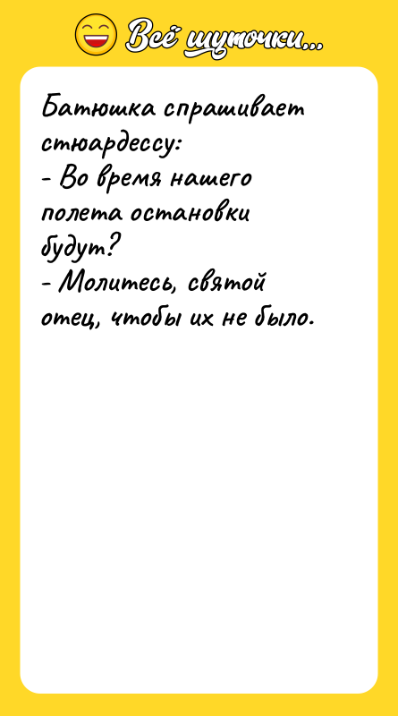 Батюшка спрашивает стюардессу: - Во время нашего полета остановки будут?