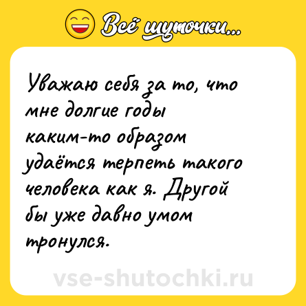Шутка: Уважаю себя за то, что мне долгие годы каким-то образом удаётся терпеть такого человека как я. Другой бы уже давно умом тронулся.