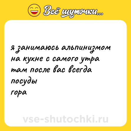 Шутка: я занимаюсь альпинизмом<br>на кухне с самого утра<br>там после вас всегда посуды<br>гора