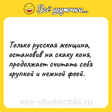 Шутка: Только русская женщина, остановив на скаку коня, продолжает считать себя хрупкой и нежной феей.