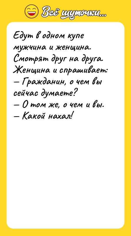 Едут в одном купе мужчина и женщина. Смотрят друг на