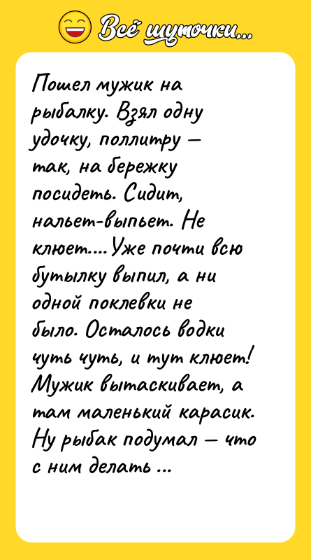 Пошел мужик на рыбалку. Взял одну удочку, поллитру — так,