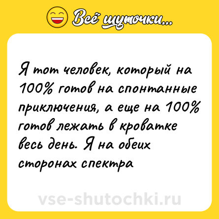 Шутка: Я тот человек, который на 100% готов на спонтанные приключения, а еще на 100% готов лежать в кроватке весь день. Я на обеих сторонах спектра