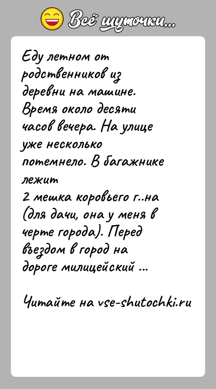 История: Еду летном от родственников из деревни на машине. Время около десятичасов вечера. На улице уже несколько потемнело. В багажнике лежит2