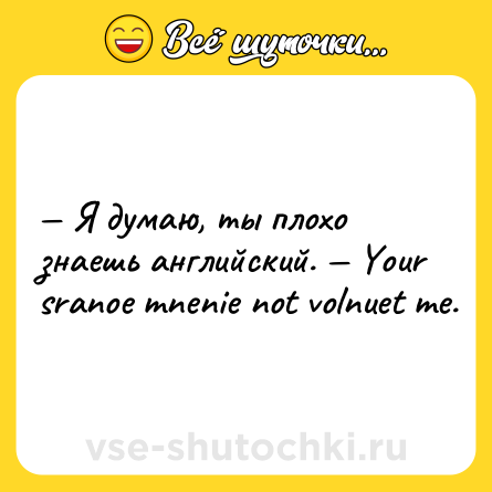 Шутка: — Я думаю, ты плохо знаешь английский. — Your sranoe mnenie not volnuet me.