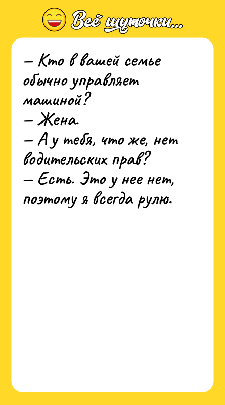 — Кто в вашей семье обычно управляет машиной?<br/>— Жена.<br/>— А