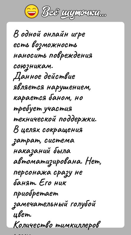 История: В одной онлайн игре есть возможность наносить повреждения союзникам.Данное действие является нарушением, карается баном, но требует участиятехнической поддержки. В целях
