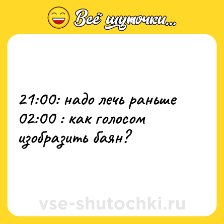 Шутка: 21:00: надо лечь раньше  <br>02:00 : как голосом изобразить баян?