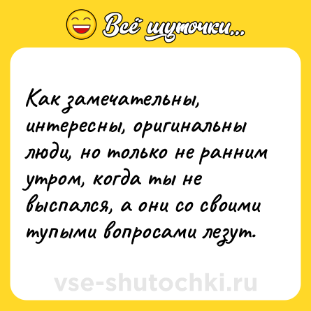 Шутка: Как замечательны, интересны, оригинальны люди, но только не ранним утром, когда ты не выспался, а они со своими тупыми вопросами лезут.