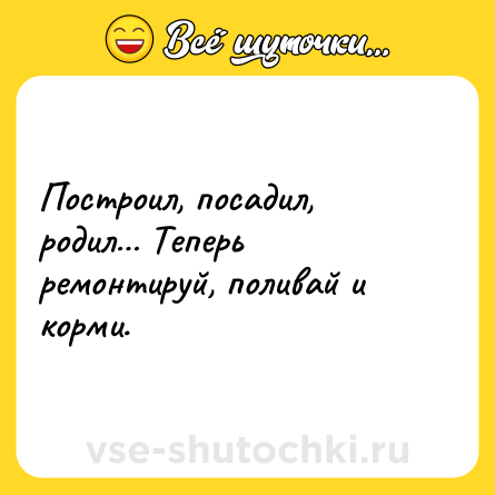 Шутка: Построил, посадил, родил… Теперь ремонтируй, поливай и корми.