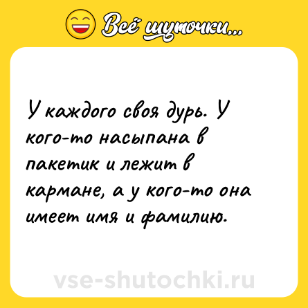 Шутка: У каждого своя дурь. У кого-то насыпана в пакетик и лежит в кармане, а у кого-то она имеет имя и фамилию.
