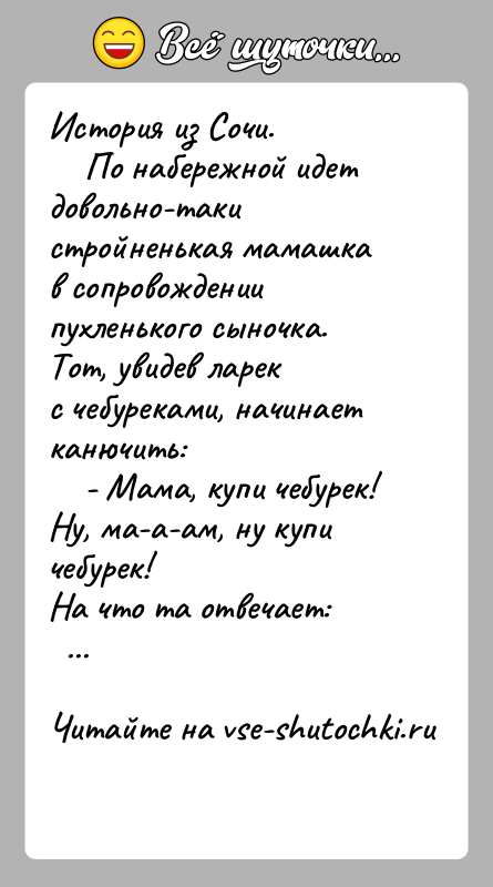История: История из Сочи. По набережной идет довольно-таки стройненькая мамашкав сопровождении пухленького сыночка. Тот, увидев ларекс чебуреками, начинает
