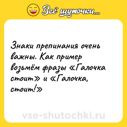 Шутка: Знаки препинания очень важны. Как пример возьмём фразы «Галочка стоит» и «Галочка, стоит!»