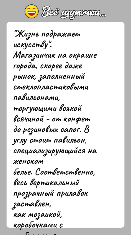 История: Жизнь подражает искусству .Магазинчик на окраине города, скорее даже рынок, заполненныйстеклопластиковыми павильонами, торгующими всякой всячиной - от конфетдо резиновых сапог. В