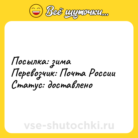 Шутка: Посылка: зима<br>Перевозчик: Почта России<br>Статус: доставлено