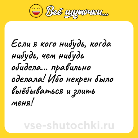 Шутка: Если я кого нибудь, когда нибудь, чем нибудь обидела... правильно сделала! Ибо нехрен было выёбываться и злить меня!