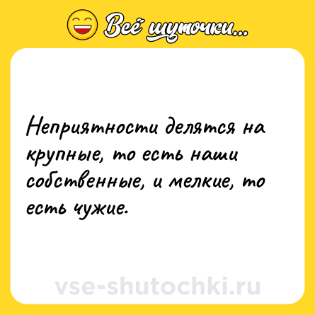 Шутка: Неприятности делятся на крупные, то есть наши собственные, и мелкие, то есть чужие.