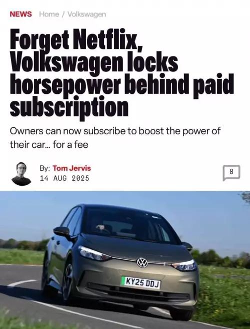 Смешная картинка №780366 Volkswagen запустил подписку на... мощность автомобиля. В новой модели ID 3 Pro под капотом 201 л.с., а за 16,5 евро (около 1500₽) в месяц можно докупить щедрые 27 л.с.Контора п**орасов угрожает судом каждому, кто попытается взломать машину и запустить её бесплатно. Ещё они сообщили, что подписка появится и на других автомобилях.А подписка на тормоз будет?