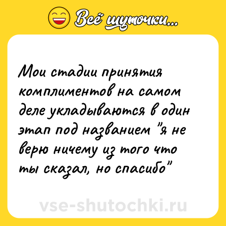 Шутка: Мои стадии принятия комплиментов на самом деле укладываются в один этап под названием 