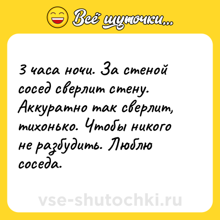 Шутка: 3 часа ночи. За стеной сосед сверлит стену. Аккуратно так сверлит, тихонько. Чтобы никого не разбудить. Люблю соседа.