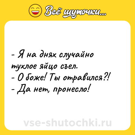 Шутка: - Я на днях случайно тухлое яйцо съел.<br>- О боже! Ты отравился?!<br>- Да нет, пронесло!