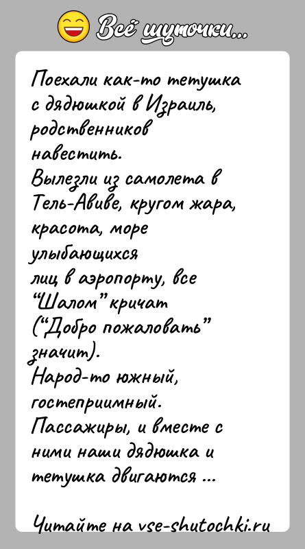 История: Поехали как-то тетушка с дядюшкой в Израиль, родственников навестить.Вылезли из самолета в Тель-Авиве, кругом жара, красота, море улыбающихсялиц в аэропорту,