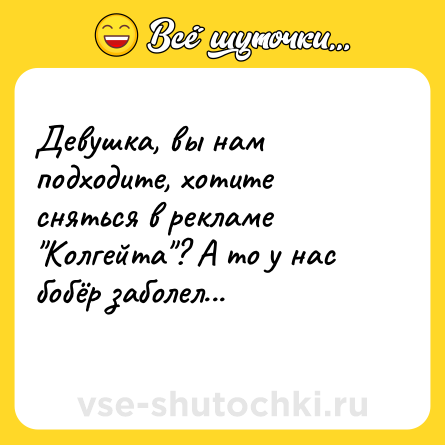 Шутка: Девушка, вы нам подходите, хотите сняться в рекламе "Колгейта"? А то у нас бобёр заболел...<br>    
