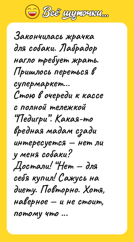Закончилась жрачка для собаки. Лабрадор нагло требует жрать. Пришлось переться