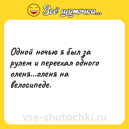 Шутка: Одной ночью я был за рулем и переехал одного оленя...оленя на велосипеде.