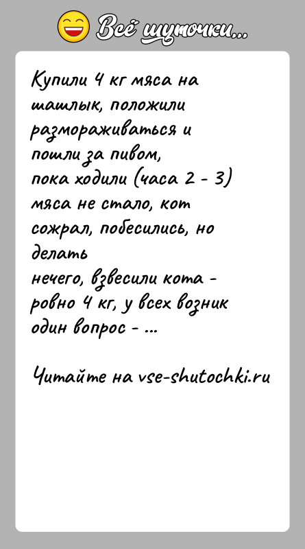 История: Купили 4 кг мяса на шашлык, положили размораживаться и пошли за пивом,пока ходили (часа 2 - 3) мяса не стало,