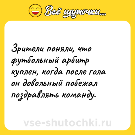 Шутка: Зрители поняли, что футбольный арбитр куплен, когда после гола он довольный побежал поздравлять команду.