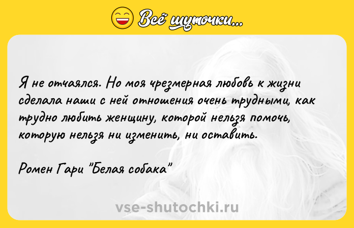 Цитата: Я не отчаялся. Но моя чрезмерная любовь к жизни сделала наши с ней отношения очень трудными, как трудно любить женщину, которой нельзя помочь, которую нельзя ни изменить, ни оставить. Ромен Гари Белая собака