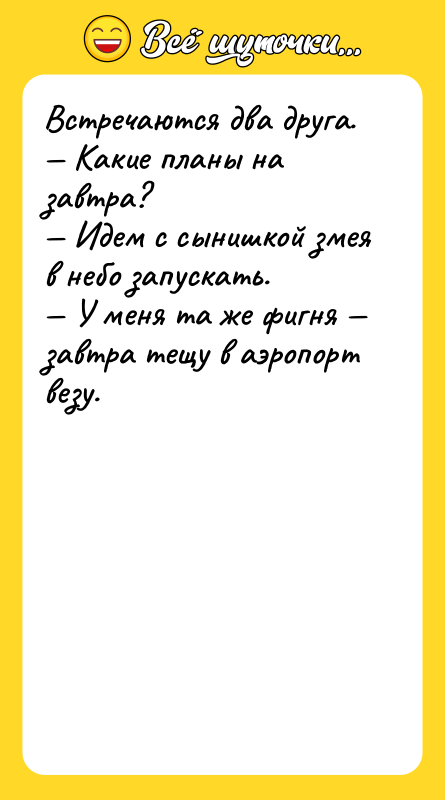 Встречаются два друга. — Какие планы на завтра? — Идем