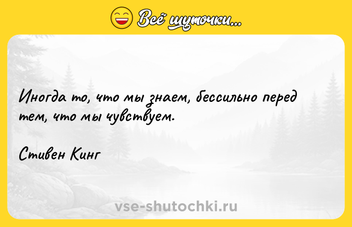 Цитата: Иногда то, что мы знаем, бессильно перед тем, что мы чувствуем.Стивен Кинг