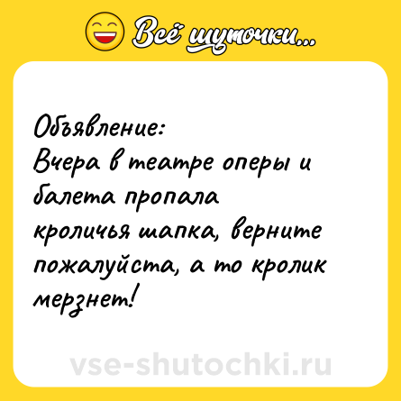 Шутка: Объявление: <br>Вчера в театре оперы и балета пропала кроличья шапка, верните пожалуйста, а то кролик мерзнет!  