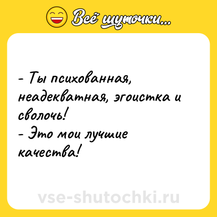 Шутка: - Ты психованная, неадекватная, эгоистка и сволочь!<br>- Это мои лучшие качества!