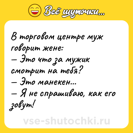 Шутка: В торговом центре муж говорит жене:<br>— Это что за мужик смотрит на тебя?<br>— Это манекен...<br>— Я не спрашиваю, как его зовут!