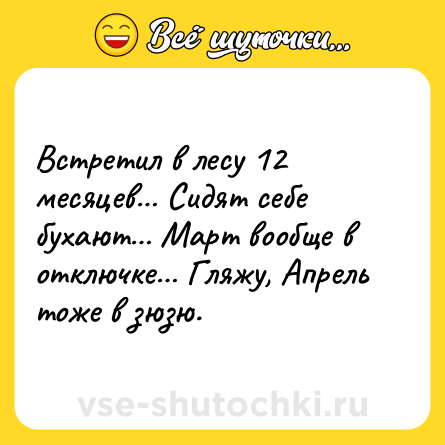 Шутка: Встретил в лесу 12 месяцев… Сидят себе бухают… Март вообще в отключке… Гляжу, Апрель тоже в зюзю.