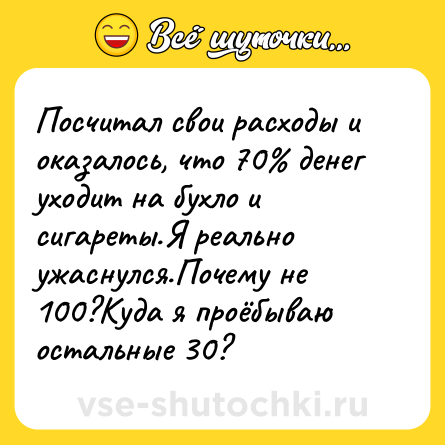 Шутка: Посчитал свои расходы и оказалось, что 70% денег уходит на бухло и сигареты.Я реально ужаснулся.Почему не 100?Куда я проёбываю остальные 30?