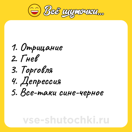 Шутка: 1. Отрицание <br>2. Гнев<br>3. Торговля <br>4. Депрессия <br>5. Все-таки сине-черное