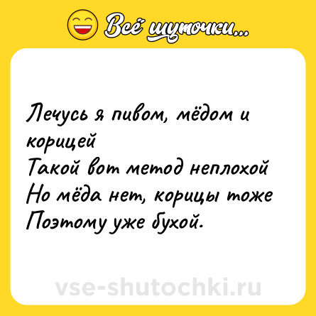 Шутка: Лечусь я пивом, мёдом и корицей<br>Такой вот метод неплохой<br>Но мёда нет, корицы тоже<br>Поэтому уже бухой.