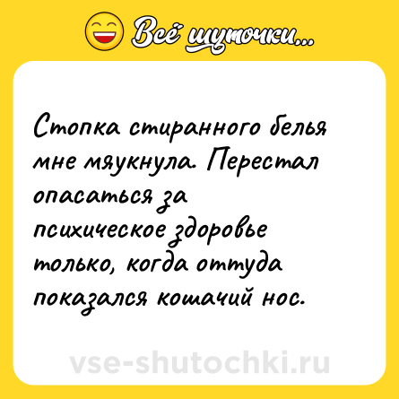 Шутка: Стопка стиранного белья мне мяукнула. Перестал опасаться за психическое здоровье только, когда оттуда показался кошачий нос.