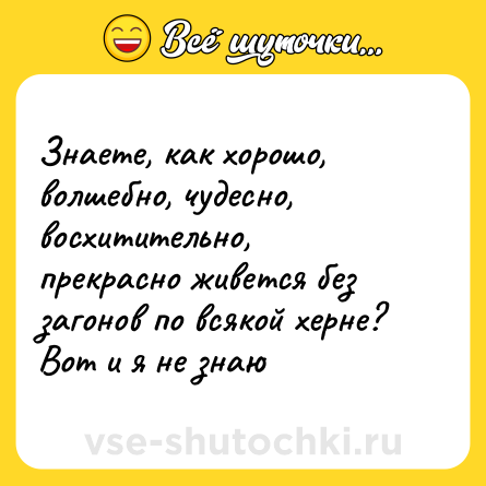 Шутка: Знаете, как хорошо, волшебно, чудесно, восхитительно, прекрасно живется без загонов по всякой херне? Вот и я не знаю