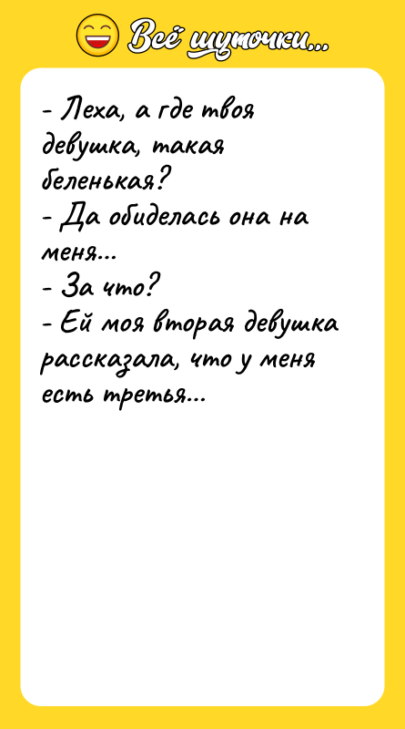 - Леха, а где твоя девушка, такая беленькая? - Да