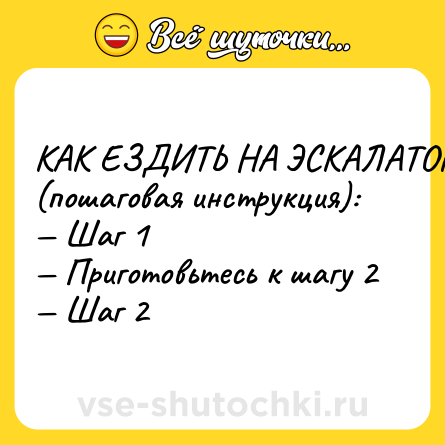 Шутка: КАК ЕЗДИТЬ НА ЭСКАЛАТОРЕ (пошаговая инструкция):<br>— Шаг 1<br>— Приготовьтесь к шагу 2<br>— Шаг 2