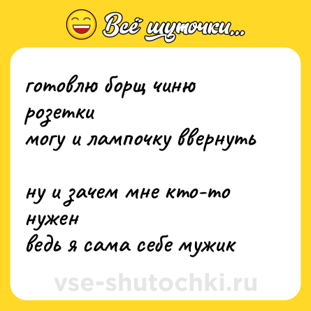 Шутка: готовлю борщ чиню розетки  <br>могу и лампочку ввернуть  <br>ну и зачем мне кто-то нужен  <br>ведь я сама себе мужик
